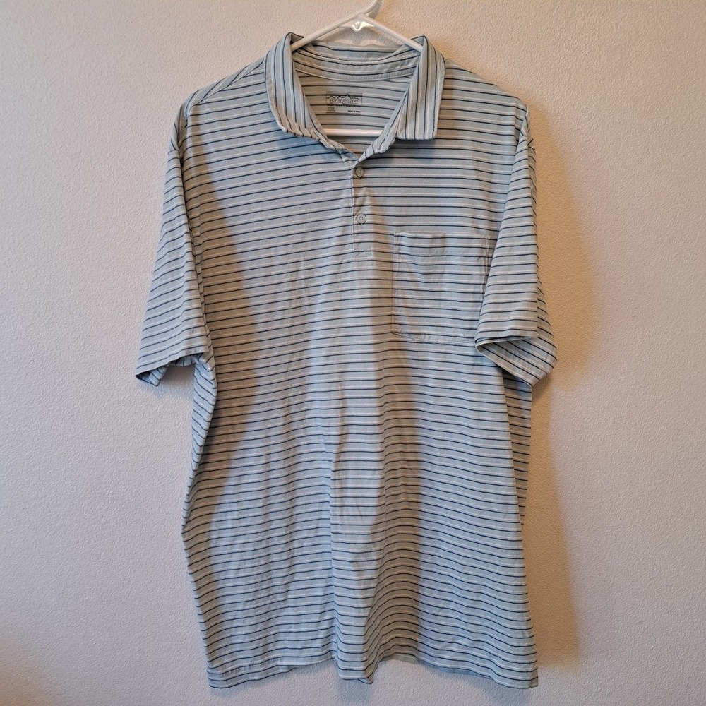 Patagonia Mens XXL Short Sleeve Striped Polo Shirt Light Blue Navy Pocket
